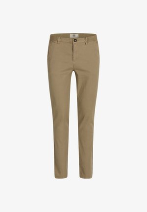 Khaki Chinos mit schlanker Passform, ausgestattet mit einem Knopfverschluss, Gürtelschlaufen und einem klassischen Taschendesign. Glatte Textur und klare Linien.