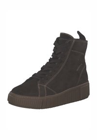 Czarne zamszowe sneakersy za kostkę z grubą gumową podeszwą. Posiadają tonalne przeszycia i płaskie sznurowadła. Zawierają uchwyt z tyłu.