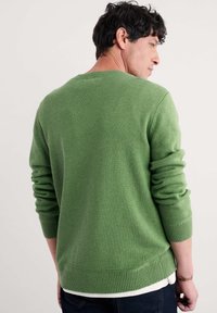 Suéter verde de cuello redondo, con puños y dobladillo acanalados, que presenta una textura suave y un ajuste casual. La vista trasera muestra el diseño.