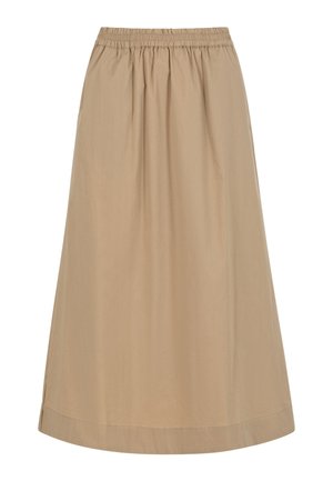 Falda beige hasta el tobillo con cintura elástica y discretas aberturas laterales, hecha de tela ligera para uso informal.