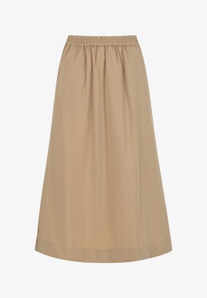 Beige, ankle-length skirt with an elastic waistband and subtle side slits, made of lightweight fabric for casual wear.