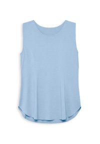 Haut sans manches bleu clair avec un col rond, présentant un design perforé et une silhouette décontractée et évasée. Texture de tissu lisse.