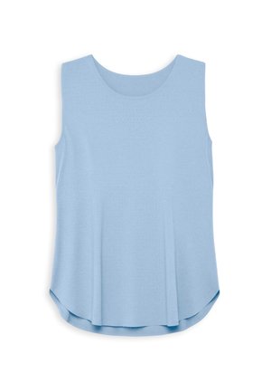 Haut sans manches bleu clair avec un col rond, présentant un design perforé et une silhouette décontractée et évasée. Texture de tissu lisse.
