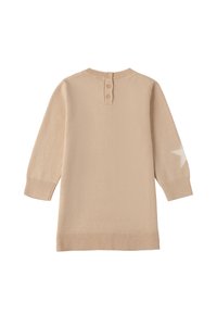 Abito lavorato a maglia beige con maniche lunghe, scollatura rotonda, tre bottoni sul retro e un dettaglio a stella bianca sulla manica sinistra. Polsini e orlo a coste.