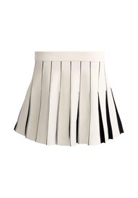 Fehér pliszírozott szoknya fekete függőleges csíkokkal és fekete pliszírozott díszítéssel az oldalakon, széles derékpánttal.