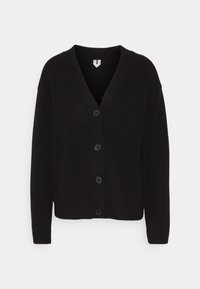 Cárdigan negro hecho de tela suave, con escote en V, mangas largas y cinco botones en la parte delantera. Bajo y puños acanalados. Diseño sencillo.