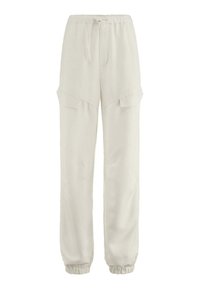 Witte, losse broek met een elastische tailleband, twee voorzakken en geplooide boorden bij de enkels. Zachte stof met een subtiele textuur.