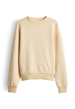 Felpa beige con scollo tondo, maniche lunghe, polsini e orlo a coste, mostrata distesa su sfondo bianco.