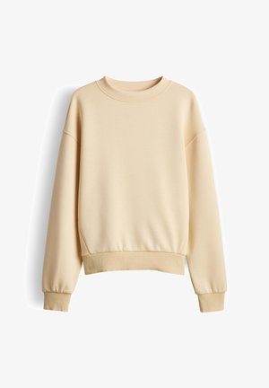 Felpa beige con scollo tondo, maniche lunghe, polsini e orlo a coste, mostrata distesa su sfondo bianco.