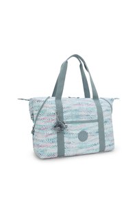 Light blue tote bag with palm leaf pattern, fabric material, dual handles, zip closure, front pocket, and a gray plush keychain detail.