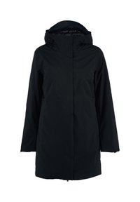 Cappotto impermeabile nero con colletto alto, cappuccio regolabile, maniche lunghe e silhouette dritta. Texture liscia senza motivi visibili.
