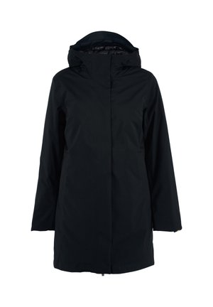 Manteau imperméable noir avec un col montant, capuche réglable, manches longues et une silhouette droite. Texture lisse sans motifs visibles.