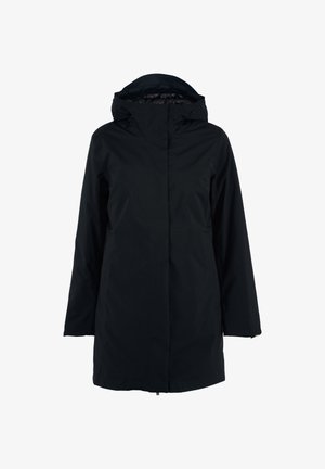 Manteau imperméable noir avec un col montant, capuche réglable, manches longues et une silhouette droite. Texture lisse sans motifs visibles.