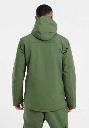 Grüne Kapuzenjacke mit glatter, matter Textur. Verfügt über einen geraden Schnitt, Nahtdetails und eine verstellbare Kapuze.