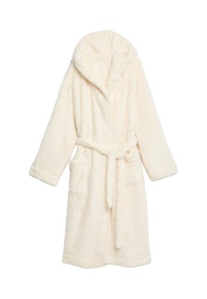 Cremefarvet, pelsagtig badekåbe med hætte, bælte i taljen, lange ærmer og to forlommer. Blødt, struktureret stof. Mellemlang design.