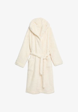 Crème-kleurige pluchen badjas met een capuchon, een ceintuur in de taille, lange mouwen en twee voorzakken. Zachte, gestructureerde stof. Middenlange uitvoering.