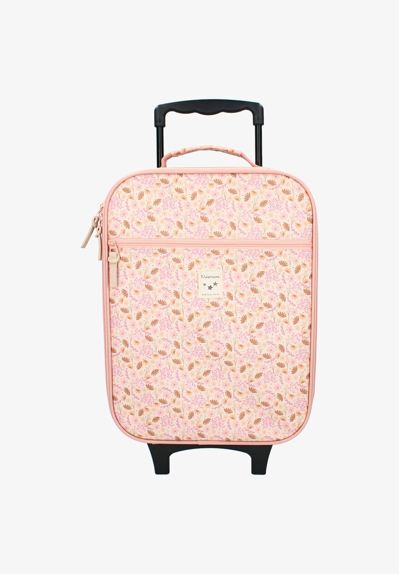 Roze koffer met bloemmotief, voorzien van een harde schaal, een uittrekbaar zwart handvat en een voorzak met rits. Heeft een uitstekende textuur en ronde hoeken.