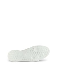 Suola di scarpa in gomma bianca con superficie strutturata, caratterizzata da piccoli motivi triangolari e accenti circolari. Taglia 39 impressa sul lato.