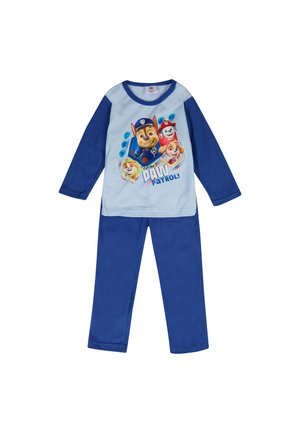 Niebieski zestaw piżamowy z długim rękawem, składający się z jasnoniebieskiej koszulki z nadrukiem postaci z "Paw Patrol", w komplecie z pasującymi niebieskimi spodniami.