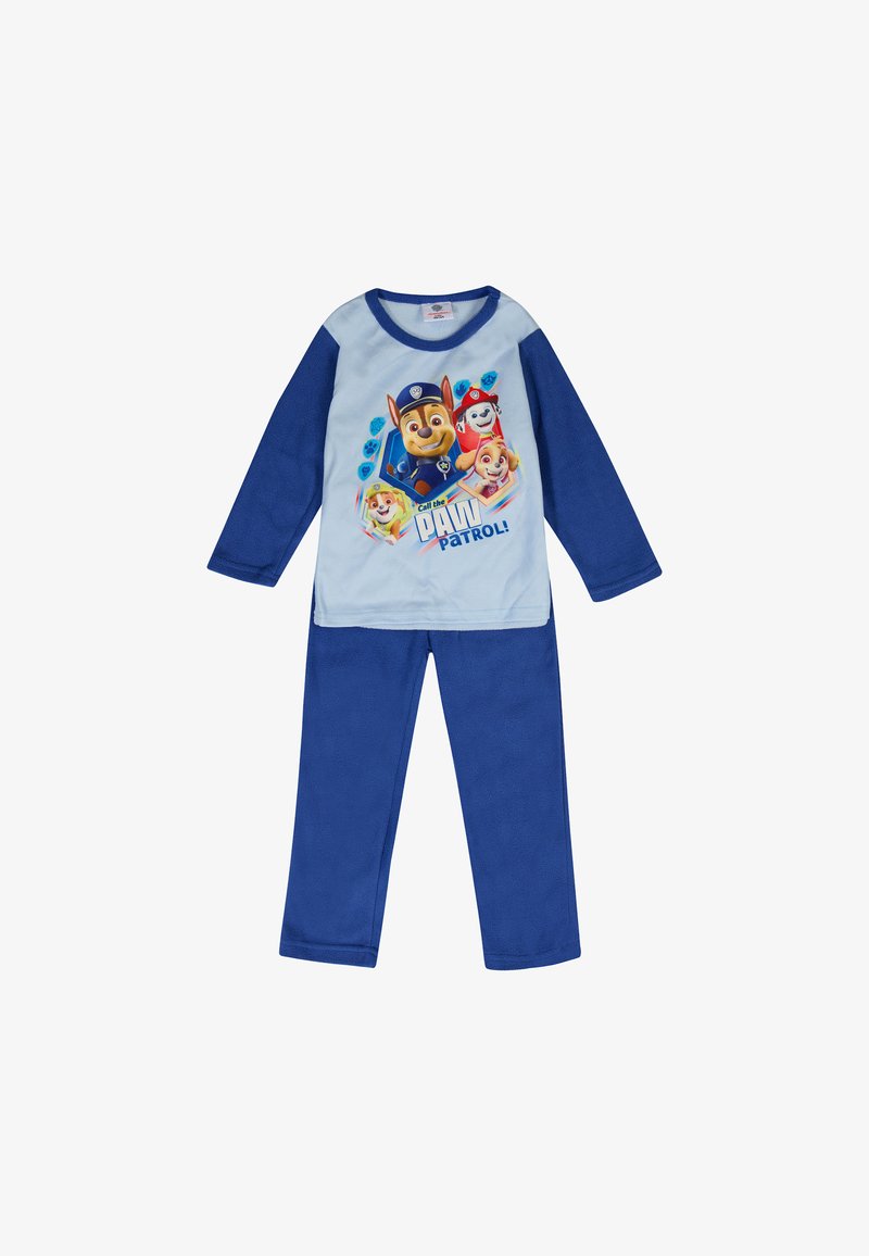 Blauwe pyjama set met lange mouwen, bestaande uit een lichtblauw shirt bedrukt met "Paw Patrol"-figuren, gecombineerd met bijpassende blauwe broek.