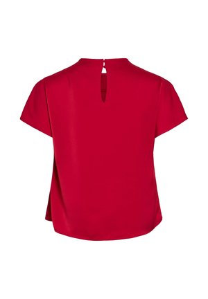 Blouse rouge à manches courtes avec un détail de dos en trou de serrure, texture douce et coupe décontractée, avec un ourlet arrondi pour plus de dimension.