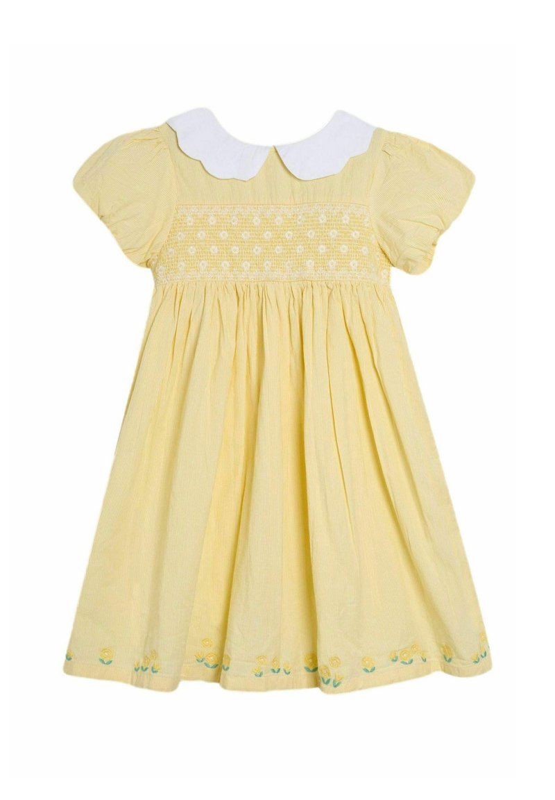 Gelbes Kleid mit kurzen Puffärmeln, weißem Peter-Pan-Kragen, gerafftem Oberteil und gestickten Blumenmotiven am Saum. Aus Baumwollmaterial.