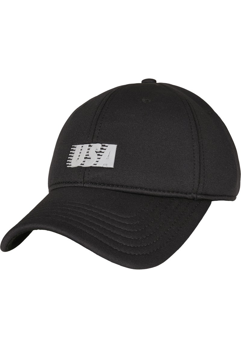 Svart baseballcaps laget av stoff, med en hvit "USA"-logo på fronten. Bøyd skjerm med synlige sømdekorasjoner.