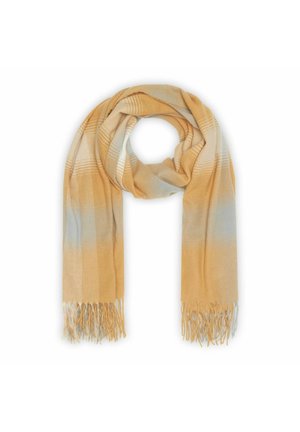 Żółto-beżowy szalik w kratę z frędzlami na końcach, złożony w pętlę na białym tle.