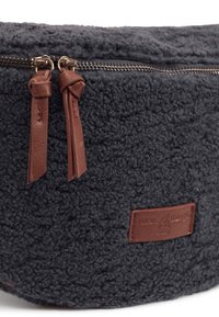 Borsa rotonda realizzata in pile grigio scuro e testurizzato, con una zip in pelle marrone e un'etichetta. Presenta una zip metallica e una superficie morbida.