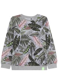 Szara bluza z kolorowym nadrukiem liści w odcieniach zieleni i różu. Posiada okrągły dekolt i ściągacze na rękawach. Miękka tekstura materiału.