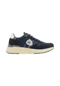 Sneaker blu navy e nera con suola bianca, lacci bianchi e patch del logo Blauer sul lato, progettato per l'abbigliamento casual.