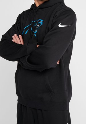Sweatshirt noir avec capuche, présentant un graphisme de panthère bleue sur le devant et un logo Nike blanc sur la manche. Tissu doux et texturé.