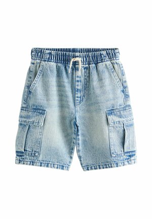 Denimové cargo šortky svetlomodrej farby s elastickým pásom, sťahovacou šnúrkou, dvoma bočnými vreckami a dvoma cargo vreckami. Textúrovaná látka.