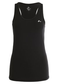 Zwarte sporttanktop met een racerback ontwerp en een klein wit logo op de borst. Gemaakt van een soepele, rekbare stof.