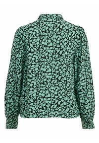 Camicia a maniche lunghe con sfondo nero e motivo astratto verde menta, tessuto morbido, colletto e polsini arricciati.