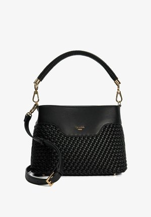 Schwarze gewebte Handtasche mit Lederakzenten, Obergriff und abnehmbarem Schulterriemen. Mit goldfarbenen Beschlägen und einer glatten Textur.