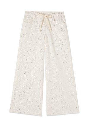 Pantalones anchos color crema con cintura ajustable con cordón y adornos florales de lentejuelas plateadas en toda la tela.