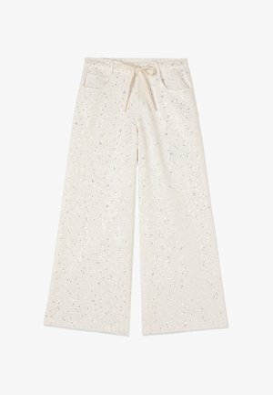 Krémové široké kalhoty s elastickým pasem na stažení a stříbrnými flitrovými květinovými ozdobami po celé látce.
