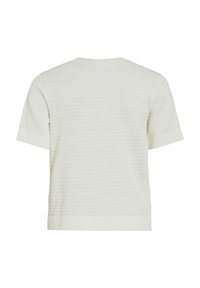 Pull en maille texturée blanc à manches courtes avec un col rond et des poignets et un ourlet côtelés, vu de dos.