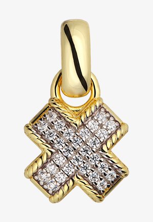Goldanhänger in X-Form, besetzt mit mehreren kleinen runden weißen Diamanten und einem gedrehten goldenen Seilrand.