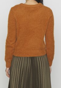 Persona che indossa un maglione invernale arancione bruciato e una gonna plissè verde oliva, vista di spalle contro uno sfondo chiaro e semplice.