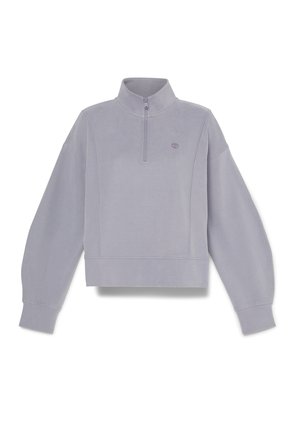 Sudadera de color púrpura claro con media cremallera en el cuello, puños y dobladillo acanalados, que presenta un pequeño logo en el pecho y un diseño de corte relajado.