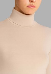 Maglione collo alto beige con una texture liscia e elastica e un design aderente. Presenta un colletto alto e dettagli di cucitura sottili.