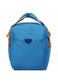 Zaino quadrato blu realizzato in tessuto testurizzato, con accenti arancioni, maniglia superiore e tasca frontale con un anello nero.