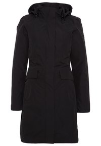 Manteau parka noir à capuche avec une coupe mi-longue, fermeture éclair sur le devant, deux poches latérales et une texture de tissu lisse et résistant à l'eau.