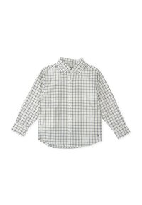 Camisa blanca de botones con un patrón de cuadros azul y azul oscuro, mangas largas, cuello y dobladillo curvado. Tela de algodón, corte estándar.