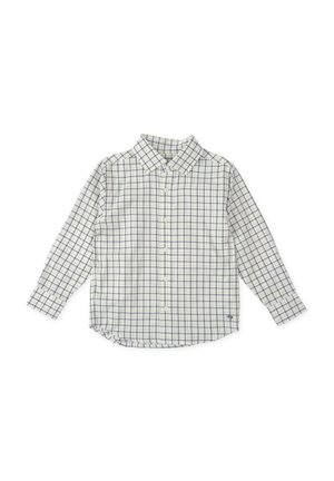Camisa blanca de botones con un patrón de cuadros azul y azul oscuro, mangas largas, cuello y dobladillo curvado. Tela de algodón, corte estándar.
