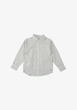 Camisa blanca de botones con un patrón de cuadros azul y azul oscuro, mangas largas, cuello y dobladillo curvado. Tela de algodón, corte estándar.