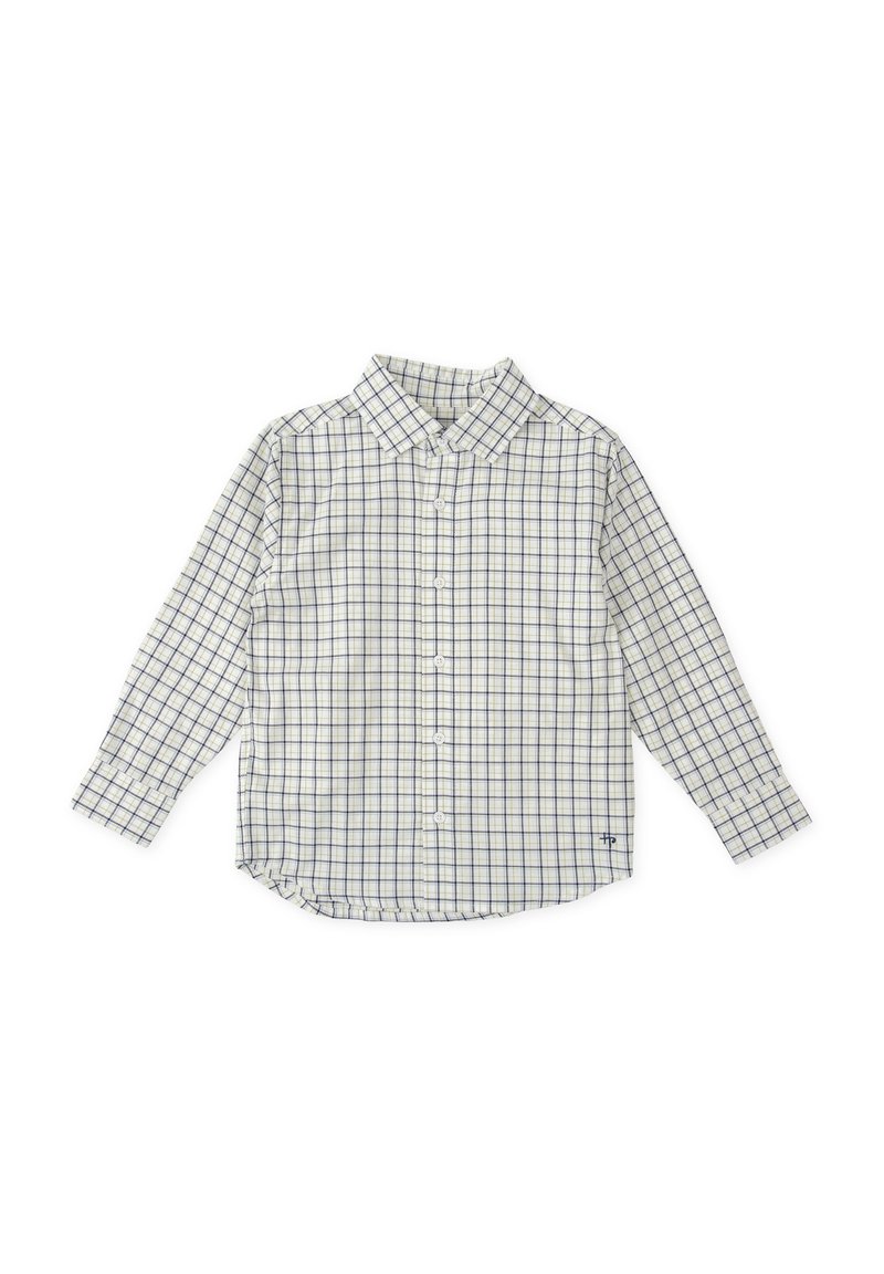 Camisa blanca de botones con un patrón de cuadros azul y azul oscuro, mangas largas, cuello y dobladillo curvado. Tela de algodón, corte estándar.