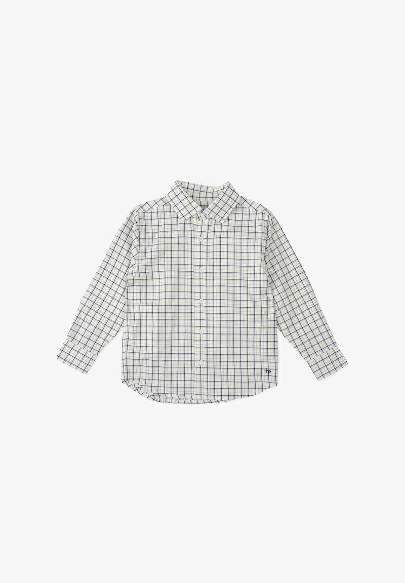 Camisa blanca de botones con un patrón de cuadros azul y azul oscuro, mangas largas, cuello y dobladillo curvado. Tela de algodón, corte estándar.